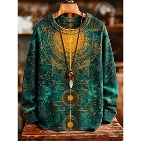 Women's Sweater Pullover Vacation Vintage Daily Graphic Geometric Ribbed Crew Neck Knitted Print Long Sleeve Regular Tops Knit Outdoor Weekend Blue Light Green