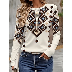 Women's T Shirt Print Graphic Tribal Fashion Classic Casual Long Sleeve Round Neck Regular Tops Casual Daily Weekend Beige Spring Fall