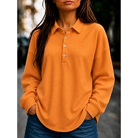 Women's Waffle Polo Shirts Buttons Fashion Daily Classic Long Sleeve Polo Collar Regular Tops Outdoor Office White Black Red Orange Grey Fall Winter