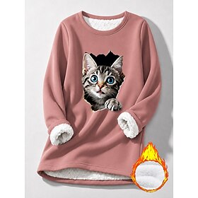 Women's Pullover Fleece Lined Sweatshirt Print Graphic Animal Cat Warm Casual Sherpa  Long Sleeve Crew Neck Long Tops Casual Blue Light Pink Black Dark Pink Re