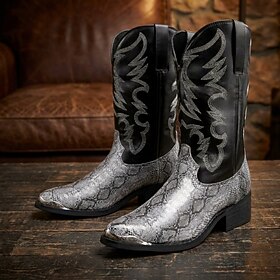 Men's Silver Snakeskin-Embossed Cowboy Boots, Pointed-Toe Pull-On Western Boots with Embroidered Black Shaft for Stylish Men, Parties, Concerts and Festivals