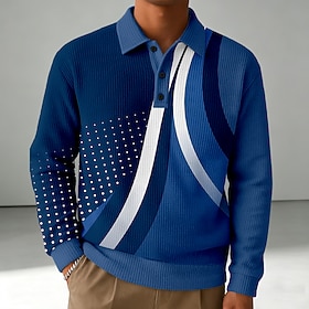 Men's Geometic Waffle Polo Shirts Textured Long Sleeve Polo Shirts Lapel Sportswear Casual School Athleisure Daily Wear 3D Print Fall  Winter Blue Red Purple