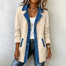 Women's Blazer Corduroy Jacket Casual Jacket Warm Patchwork Elegant Vintage Fashion Daily Casual Daily Regular Notch Lapel Long Sleeve Outerwear White claret C