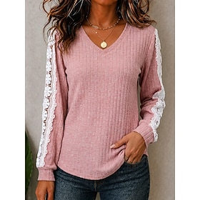 Women's Lace Splicing Top Texture Patchwork Vintage Stylish Long Sleeve V Neck Regular Tops Casual Blue Black Pink Army Green Fuchsia Spring Fall