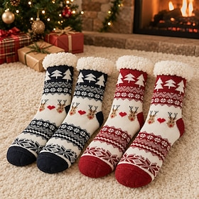 2 Pairs Women's Christmas Slipper Socks, Sherpa Lined Thick Fleece Fuzzy Socks with Non-Slip Grippers, Warm Winter Thermal Cabin Socks, Fits US Shoe Size 4.5-9