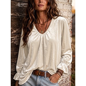 Halloween New Year Women's Velvet Blouse Ruched Ruffle Patchwork Solid Color Bohemia Long Sleeve V Neck Long Tops Casual Yellow Burgundy Dark Green Beige Fall