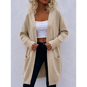 Women's Cardigan Sweater Daily Work Casual Ribbed Open Front Pocket Long Sleeve Regular Tops Knit Khaki Black Fall Winter