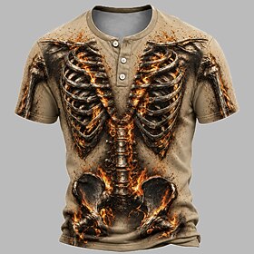 Men's Halloween Skull T Shirt Henley Shirt Short Sleeve Designer Retro Vintage Henley Casual Daily Street Summer Spring All Seasons Black Khaki Grey Henley Hen