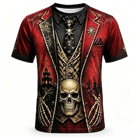 Halloween Men's Skull Optical Illusion T Shirt Short Sleeve T shirt 3D Print Crew Neck Shirt Exaggerated Designer Horror Club Party Street Black Red Purple Sum