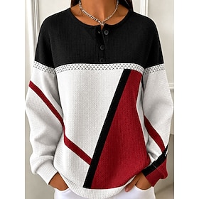 Women's Textured Pullover Sweatshirt Buttons Graphic Geometric Color Block Fashion Casual Print Long Sleeve Crew Neck Regular Tops Casual Street Blue Yellow Re