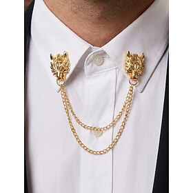 Men's Alloy Double Layer Chain Collar Pin Brooch, Multi-Color Wolf Head Shirt Collar Clips for Banquet, Wedding, Party, Stage, Gothic Suit Styling and Formal D