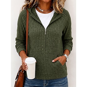 Women's Textured Zip Up Sweatshirts Pocket Half Zip Vintage Long Sleeve Hooded Regular Tops Casual Blue claret Black Dark Green khaki Fall