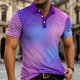 Men's Geometic Polo Shirts Short Sleeve Polo Shirts Lapel Business Casual Business Athleisure 3D Print Buttons Spring  Summer Blue Purple Light Blue
