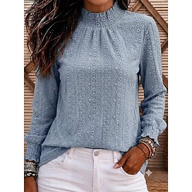 Women's Eyelet Top Solid Color Elegant Bohemia Active Bishop Sleeve Turtleneck Regular Tops Blue Black Green Spring Fall