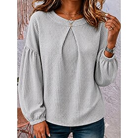 Women's Waffle Shirt Casual Shirt Solid Color Fashion Cute Daily Long Sleeve Crew Neck Regular Tops Casual Outdoor Office Sky gray Red Sky Blue Spring Fall