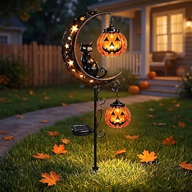 Halloween Solar Lights Outdoor Waterproof, Moon Black Cat Garden Stakes with 2 Hanging Pumpkin Lanterns, Decorative Metal Pathway Lights for Yard Patio Porch P