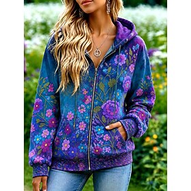 Women's Zip Up Hoodies Front Pocket Floral Graphic Active Casual Long Sleeve Hooded Regular Tops Casual Holiday Purple Spring Fall