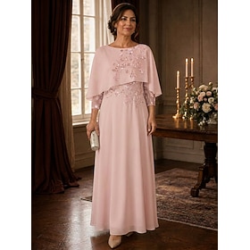 A-Line Floor Length Mother of the Bride Dress 3/4 Length Sleeve Scoop Neck Elegant Vintage Floral Formal Wedding Guest Wedding Party Chiffon Lace with Sequin R