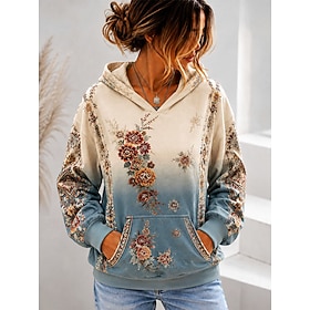 Women's Sweatshirts Patchwork Pocket Print Floral Graphic Cat Casual Long Sleeve Hooded Regular Tops Casual Street Dailywear Blue Yellow Red Purple Spring Fall
