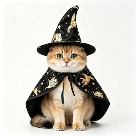 New Halloween Pet Cosplay Costume Printed Halloween Decoration Wizard Hat Cape Set Black Gold Cat Dog Suit Party Accessories