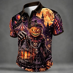 Halloween Men's Pumpkin Polo Shirts Short Sleeve Polo Shirts Collared Shirts Casual Street Athleisure 3D Print Buttons Spring Summer Orange