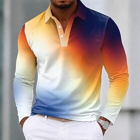 Men's Color Block Gradient Polo Shirts Long Sleeve Polo Shirts Lapel Casual Outdoor Athleisure Daily Wear 3D Print Buttons Fall  Winter 1# 2#