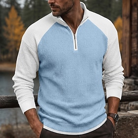 Men's Waffle Polo Shirts Polo Casual Daily Zip Quarter Zip Long Sleeve Fashion Solid Color Textured 2 in 1 Color Block Fall  Winter Fall Spring   Fall Regular