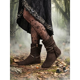 Women's Coffee Halloween Pirate Ankle Boots - Vintage Witch Costume Shoes, Stylish Buckle Strap Short Boots with Side Zipper and Low Heel for Fall Autumn Party
