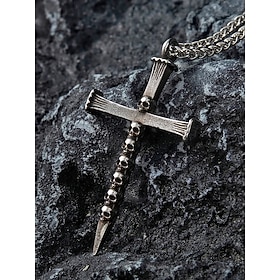 Men's Vintage Skull Cross Pendant Necklace, Alloy Gothic Crucifix Chain Necklace for Halloween Party, Biker Rock Style Jewelry Gift for Men, Dark Retro Accesso