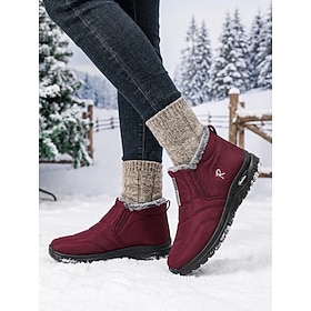 Women's Burgundy Winter Snow Boots with Warm Faux Fur Lining, Easy Slip-On Design, Lightweight Cushioned Comfort and Non-Slip Traction Sole for Snow Walking, O