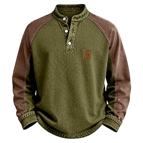 DenimTone™️Men's T Shirt Henley Shirt Tee Top Long Sleeve Plain Color-block Vintage Streetwear Casual Color Block Washed Raglan Sleeves Henley Casual Home Stre