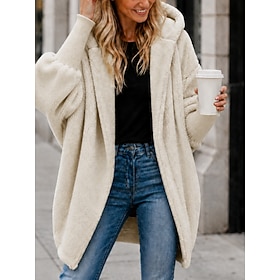 Women's Winter Coat Teddy Coat Warm Comfortable Open Front Casual Plain Casual Vacation Street Daily Wear Open Front Long Hooded Long Sleeve Outerwear Navy Bla
