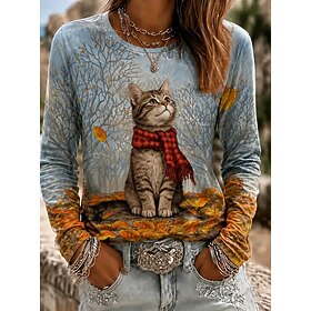 Thanksgiving Day Women's T Shirt Print Graphic Animal Cat Vintage Stylish Classic Long Sleeve Crew Neck Regular Tops Casual Daily Blue Spring Fall Winter MAO
