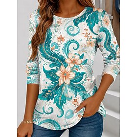 Easter Women's T Shirt Print Floral Graphic Plants Fashion Stylish Classic Long Sleeve Crew Neck Regular Tops Casual Daily Weekend Blue Yellow Purple Summer Sp