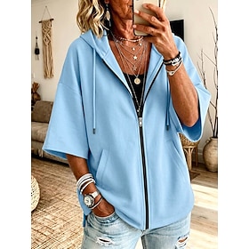 Women's Zip Up Hoodies Drawstring Patchwork Front Pocket Casual 3/4 Length Sleeve Hooded Long Tops White Beige color Black Pink Sky Blue Fall Winter