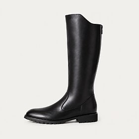 Men's Black Leather Motorcycle Boots, Knee High Riding Boots with Round Toe, Pull-On Design, Low Block Heel Lug Sole, Biker Boots for Men, Touring, Riding Ca