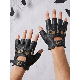 Men's Black Faux Leather Steampunk Skull Gear Fingerless Gloves, Gothic Punk Costume Gloves for Halloween Party, Biker Style, Theme Events, Cosplay and Festiva