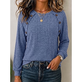 Per donna Blusa Tessuto Patchwork Bottoni Vintage Manica Lunga Girocollo Top Regolari Casuale Blu Verde oliva Marrone Mattone rosso Albicocca Estate Autunno In