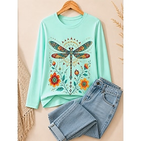 Women's Cotton Shirt Floral Graphic Plants Vintage Fashion Stylish Long Sleeve Crew Neck Round Neck Regular Tops Casual White Light Green Pink Apricot Spring F
