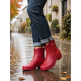 Women's Red Waterproof Ankle Rain Boots, Pull-On Short Wellies with Round Toe and Low Heel, Casual Outdoor Boots for Rainy Days, Garden, Walking, Travel Every