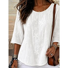 Women's 100% Cotton Blouse Dressy Tops Lace Tops Solid Color Ombre Floral Elegant Bohemia Vacation 3/4 Length Sleeve Crew Neck Long Tops Casual White Summer Fa
