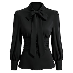 1950s Retro Vintage Rockabilly Blouse / Shirt Long Sleeves Bow Tie Solid Color Standing Collar Fancy Dress Women's Masquerade Tea Party Casual Daily Adults' Bl