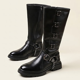 Men's Black Knee-High Biker Boots, Side-Zip Riding Boots with Multi-Buckle Straps, Harness Chain and Chunky Lug Sole for Edgy Men, Motorcycle Riding and Rock E