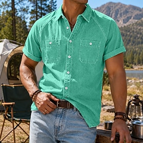 DenimTone™ Men Shirt Casual Shirt Button Up Shirt Cargo Shirt Demin Shirt Light Green Purple khaki Light Blue Short Sleeve Plain Shirt Collar Casual Daily Clot
