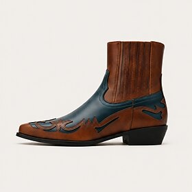 Men's Two-Tone Brown Navy Leather Cowboy Boots, Western Ankle Boots with Pointed Toe, Low Cuban Heel Pull-On Design for Rodeo, Country Concerts Casual Weste