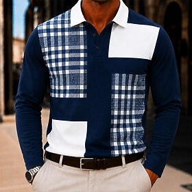 Men's Color Block Geometic Polo Shirts Long Sleeve Polo Shirts Lapel Casual Outdoor Athleisure Daily Wear 3D Print Buttons Fall  Winter Blue Black Green