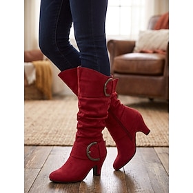 Women's Red Suede Slouchy Mid Calf Boots - Double Buckle Strap Low Chunky Heel Booties for Casual Wear, Office Holiday Gatherings