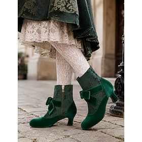 Women's Dark Green Velvet Lace Ankle Boots - Vintage Bow Knot Victorian Louis Heel Booties for Christmas Parties, Weddings Costumes