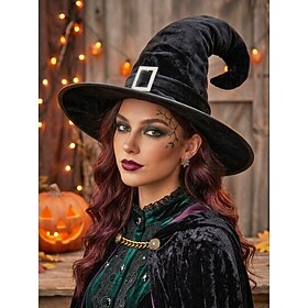 Women's Polyester Velvet Curved Witch Hat Halloween Costume Hat for Party, Cosplay, Masquerade, Trick-or-Treat, Festival and Themed Event Wear