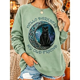 Women's Pullover Sweatshirt Print Graphic Cat Letter Fashion Casual Long Sleeve Crew Neck Regular Tops Casual Street Dailywear Black Yellow Purple Green Fall W